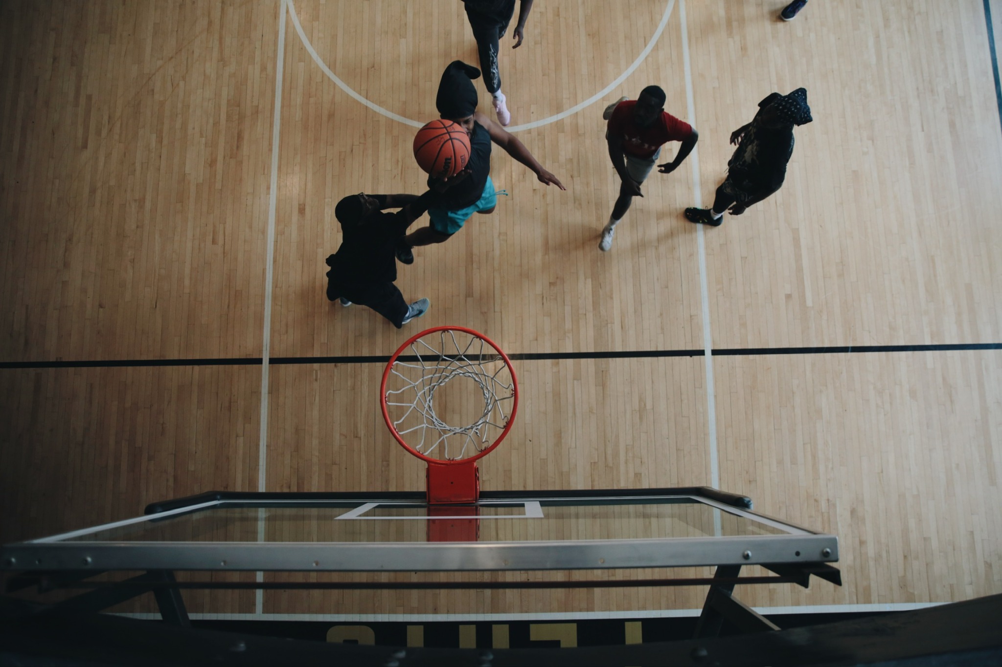 W Club basketball game viewed from above